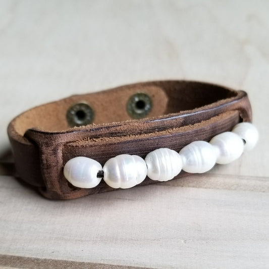 Dusty Leather Narrow Cuff with Genuine Freshwater Pearls 006r by The Jewelry Junkie