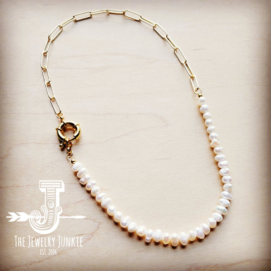 Genuine Freshwater Pearl Necklace w/ Gold Chain Accent 255L by The Jewelry Junkie