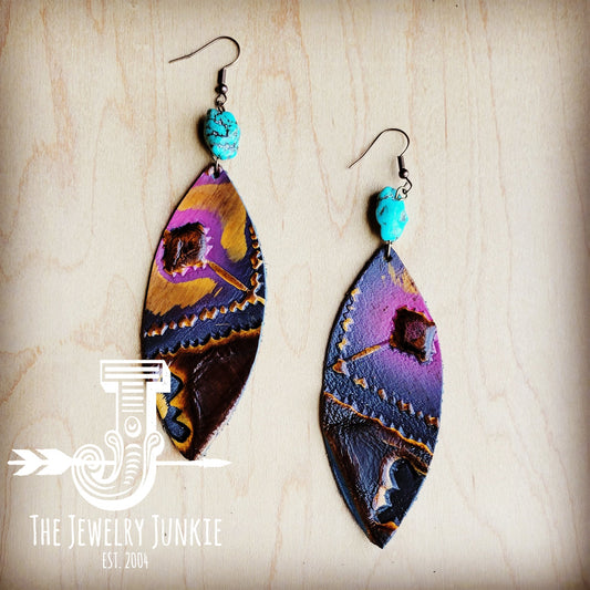 Leather Oval Earrings in Magenta Navajo w/ Turquoise Accent 215L by The Jewelry Junkie