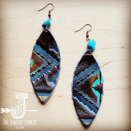 Leather Oval Earrings in Blue Navajo w/ Turquoise Accent 206t by The Jewelry Junkie