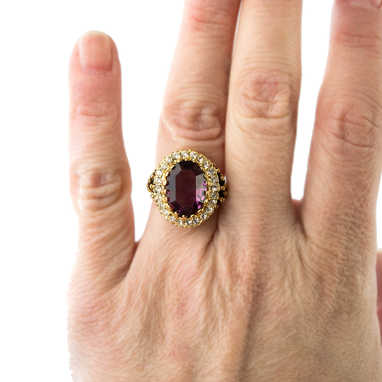 Vintage Amethyst and Clear Crystal 18k Antiqued Yellow Gold Electroplated Ring Made in the USA by PVD Vintage Jewelry
