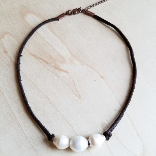 Triple Freshwater Pearl Brown Leather Choker Necklace 243d by The Jewelry Junkie