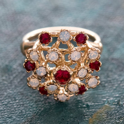 Vintage Ring Ruby Austrian Crystals and Pinfire Opals 18k White Gold Electroplate Made in the USA by PVD Vintage Jewelry