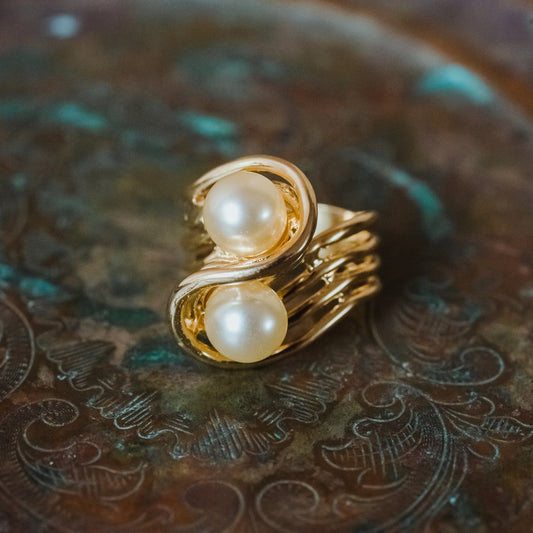 Vintage 1970's Cream Glass Pearl Ring 18k Yellow Gold Electroplated Made in USA by PVD Vintage Jewelry