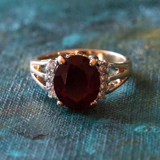 Vintage 1980's Garnet Cubic Zirconia Ring 18k Yellow Gold Electroplated Made in USA by PVD Vintage Jewelry
