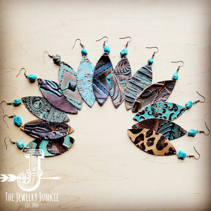 **Leather Oval Earrings in Turquoise Feather w/ Turquoise Accent 206w by The Jewelry Junkie