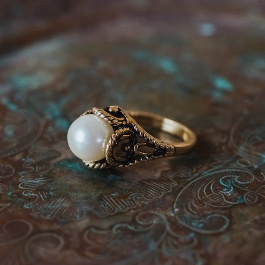 Vintage 1970's Pearl Bead Ring Antiqued 18k Gold Electroplated Made in USA by PVD Vintage Jewelry