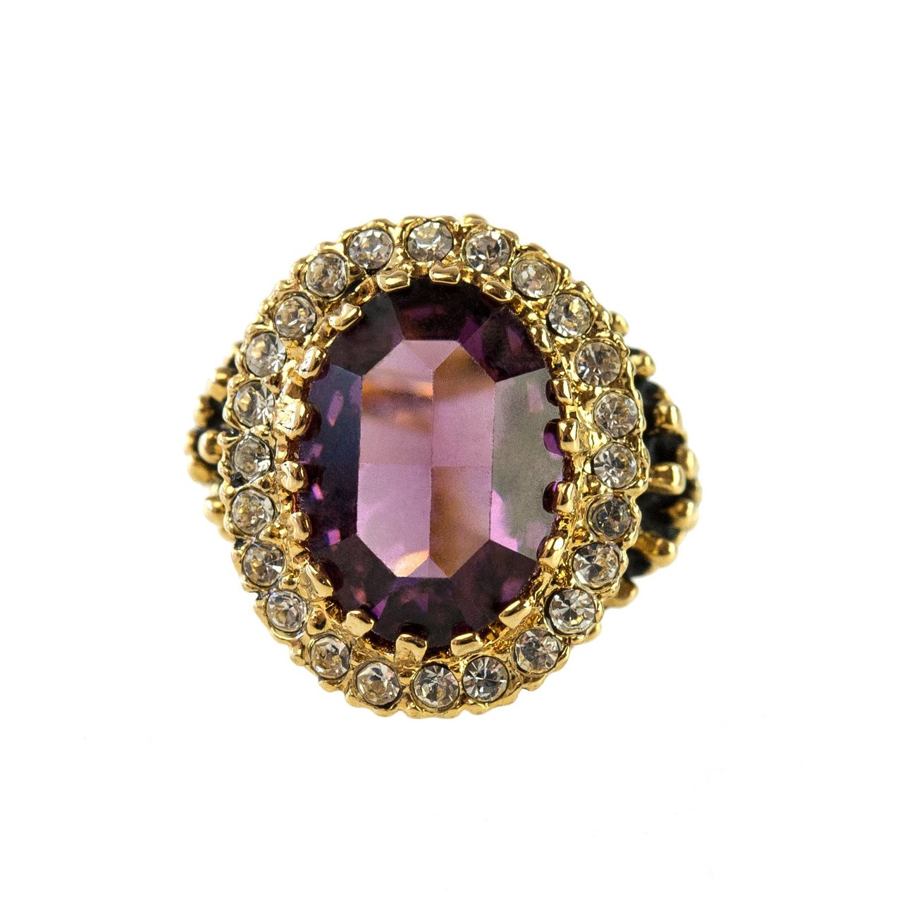 Vintage Amethyst and Clear Crystal 18k Antiqued Yellow Gold Electroplated Ring Made in the USA by PVD Vintage Jewelry