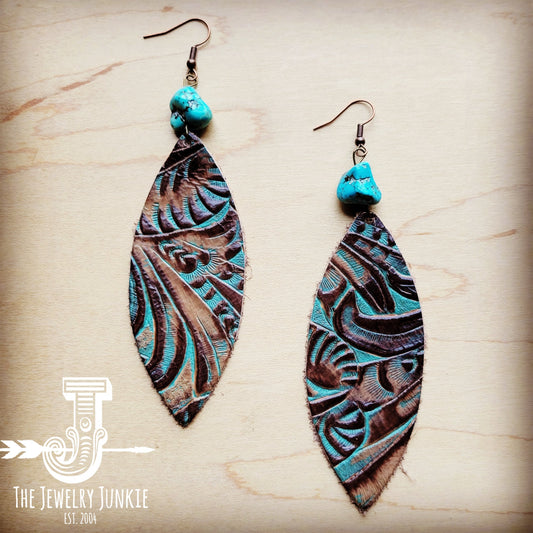 Leather Oval Earrings in Brown Floral w/ Turquoise Accent 206r by The Jewelry Junkie