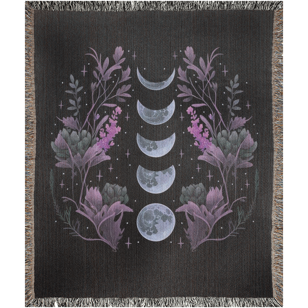 Dark Garden Moon Phases Woven Blanket