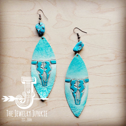 Leather Oval Earrings in Turquoise Steer Head w/ Turquoise Accent 212w by The Jewelry Junkie