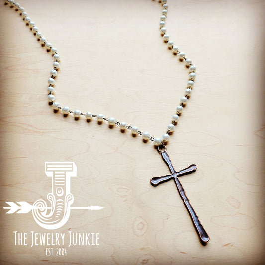 Pearl Long Beaded Necklace with Antique Copper Cross 255t by The Jewelry Junkie