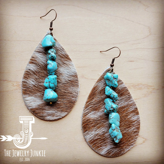 Leather Teardrop Tan White Hair-on-Hide Earring w/ Turquoise 207m by The Jewelry Junkie