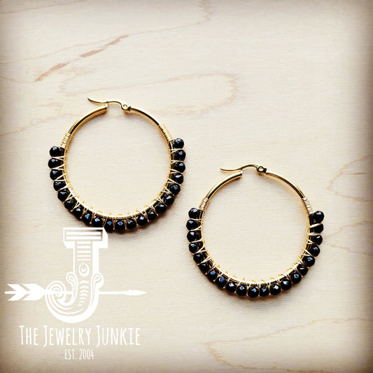 Woven Black Agate Beaded Hoop Earrings 217j by The Jewelry Junkie