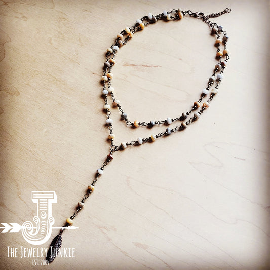 Double Strand Lariat Natural Agate Necklace w/ Copper Feather 251f by The Jewelry Junkie