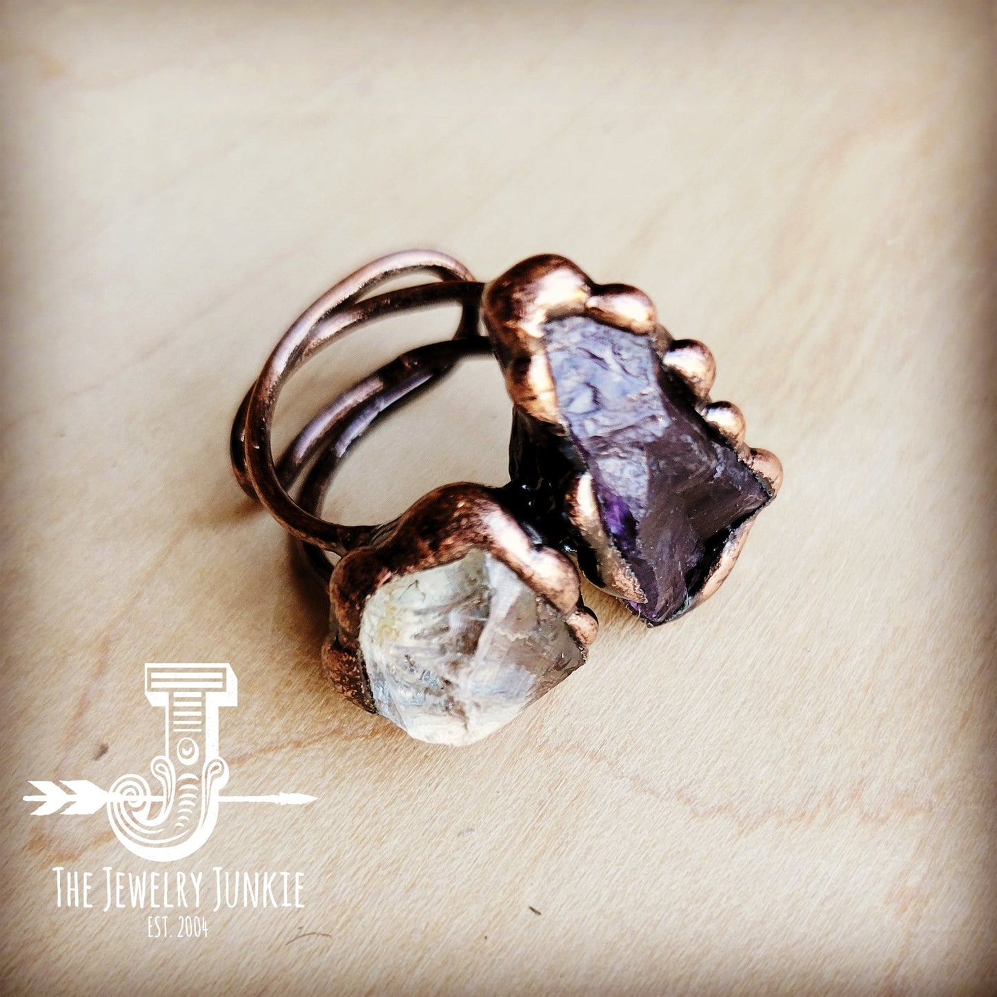 Genuine Amethyst and Quartz Ring in a Copper Setting 012a by The Jewelry Junkie