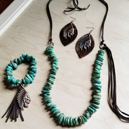 Natural Turquoise Necklace with Side-Tie Leather Tassel (245c) by The Jewelry Junkie