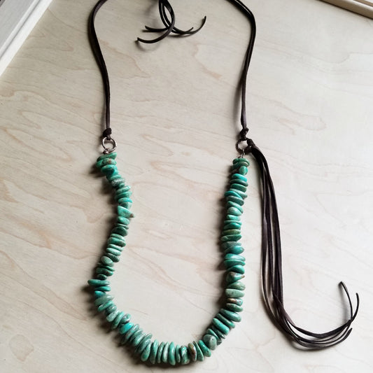 Natural Turquoise Necklace with Side-Tie Leather Tassel (245c) by The Jewelry Junkie