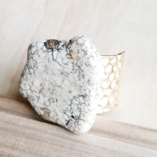 Chunky White Turquoise Slab on Hammered Gold Cuff RingBase 012s by The Jewelry Junkie