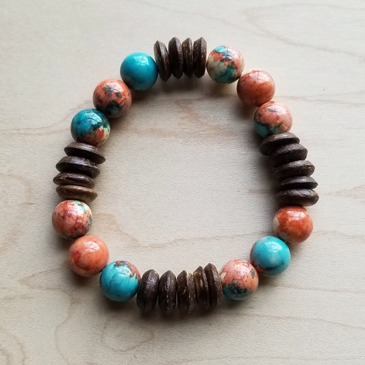 Multi-Colored Turquoise and Wood Stretch Bracelet (802Q) by The Jewelry Junkie