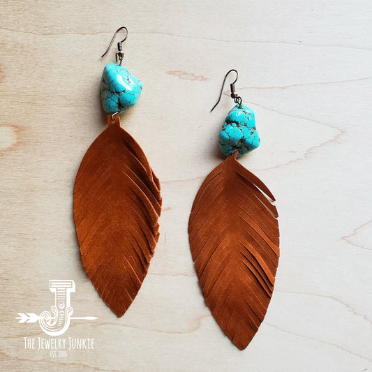 Tan Suede Feather Earrings with Turquoise Chunks (201h) by The Jewelry Junkie