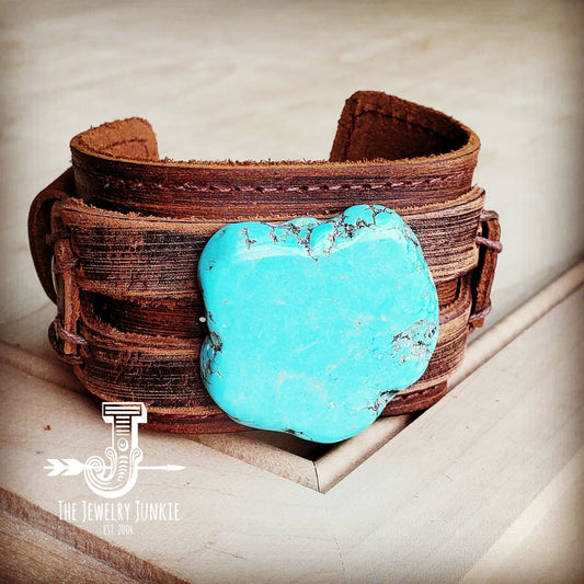 Blue Turquoise Slab on Dusty Leather Cuff 230X by The Jewelry Junkie