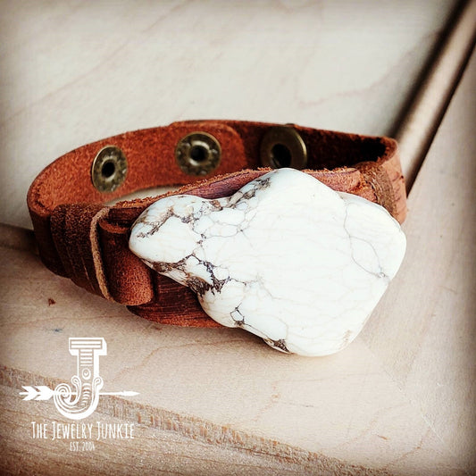 White Turquoise Chunk on Narrow Leather Cuff 005Y by The Jewelry Junkie