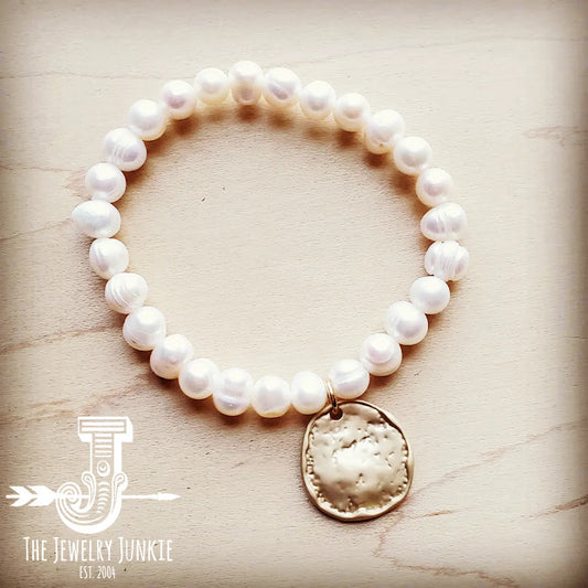 Freshwater Pearl Bracelet with Matte Gold Coin 804m by The Jewelry Junkie