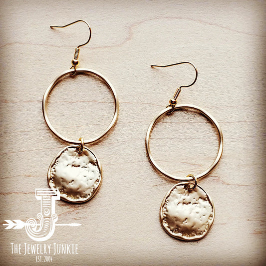 Matte Gold Hoop Earrings with Coin Dangle 203v by The Jewelry Junkie