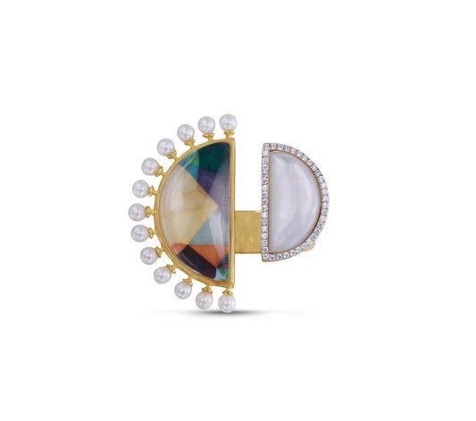 My Colorful Legacy Pearl & Moonstone Diamond Open Ring in 14K Yellow Gold Plated Sterling Silver by LuvMyJewelry