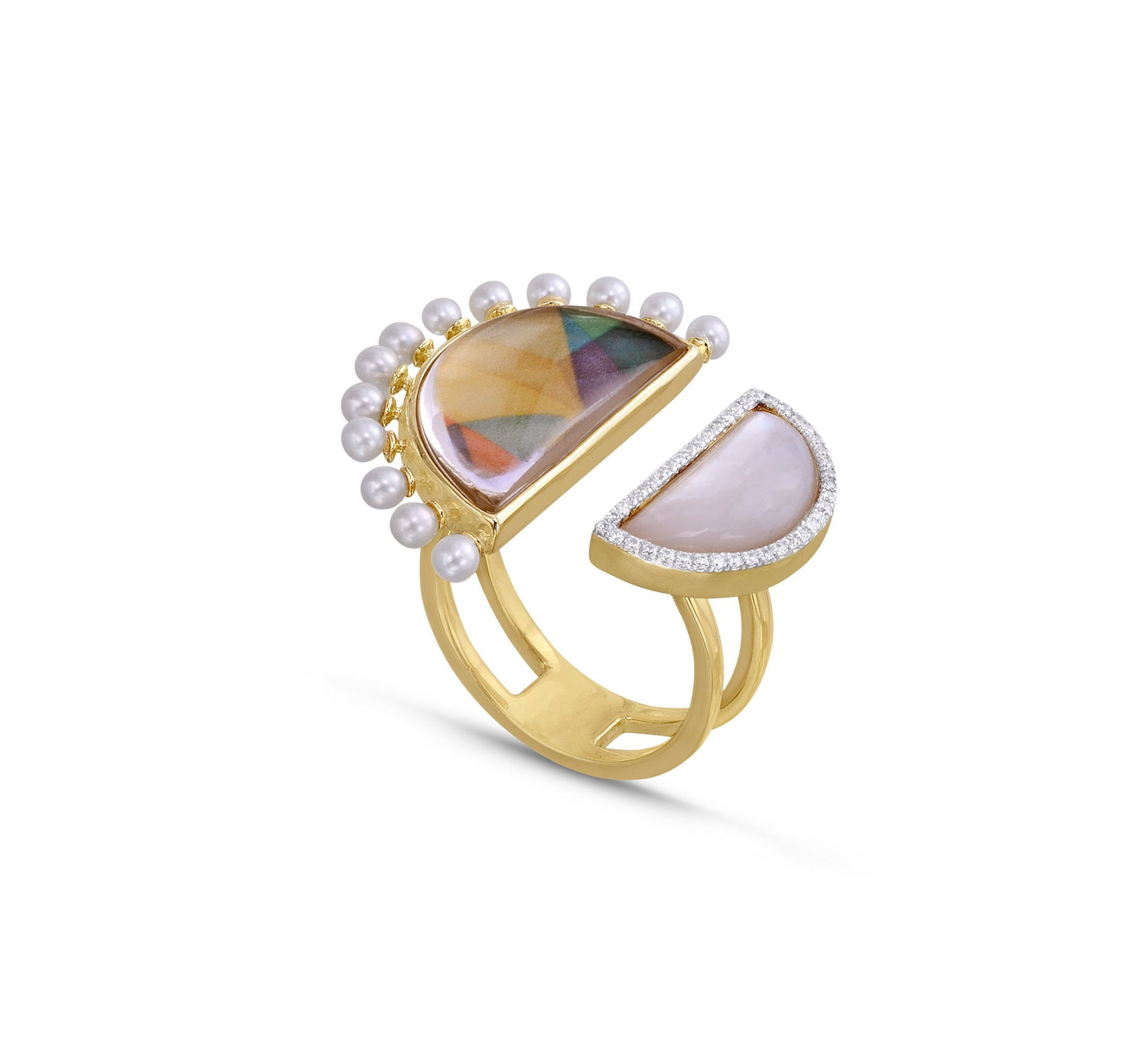 My Colorful Legacy Pearl & Moonstone Diamond Open Ring in 14K Yellow Gold Plated Sterling Silver by LuvMyJewelry