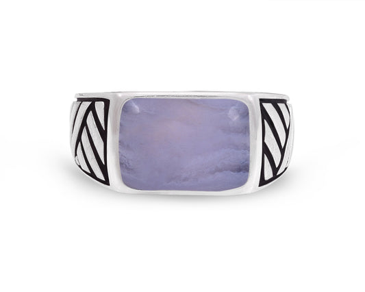 Blue Lace Agate Stone Signet Ring in Black Rhodium Plated Sterling Silver by LuvMyJewelry