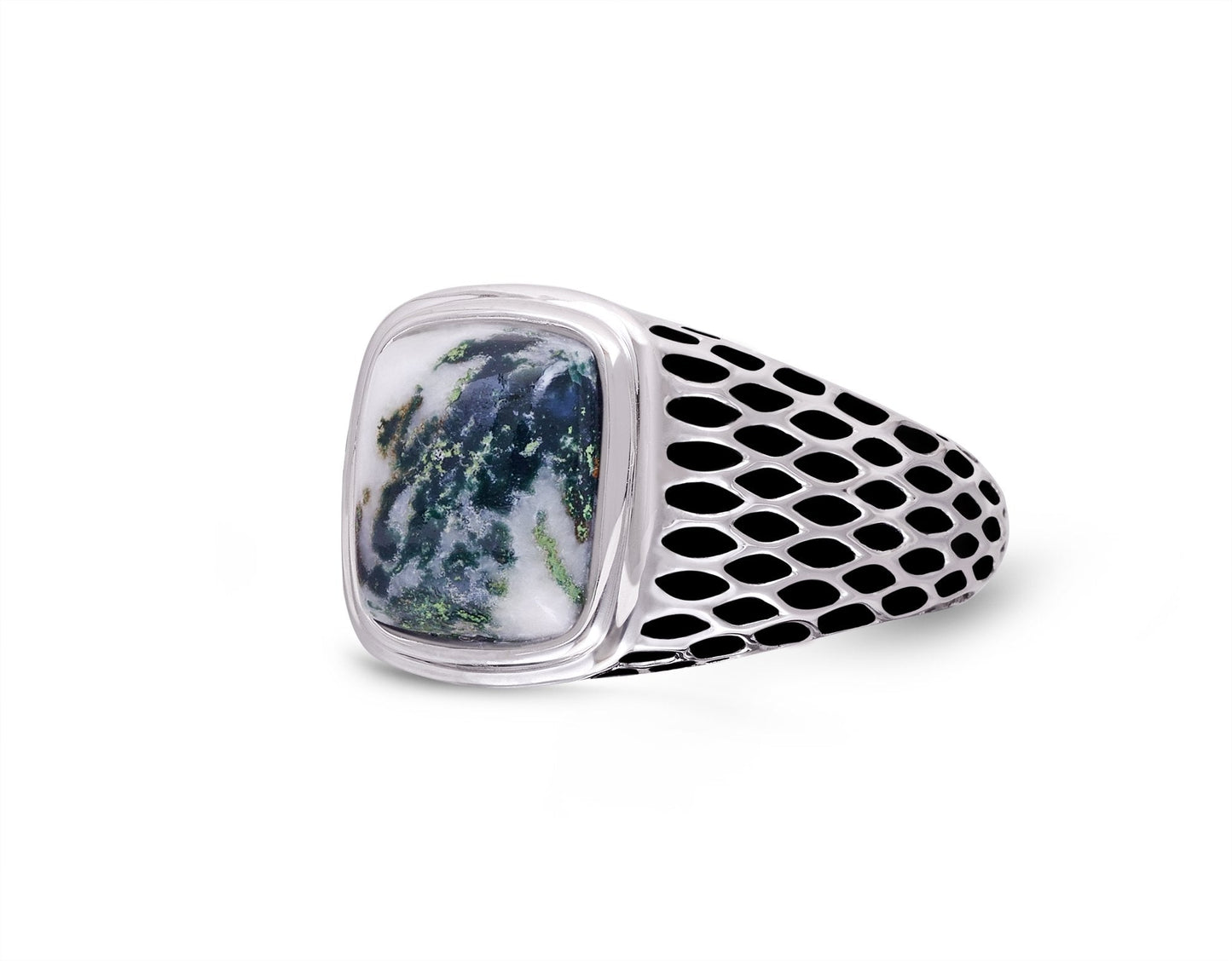 Tree Agate Stone Signet Ring in Black Rhodium Plated Sterling Silver by LuvMyJewelry