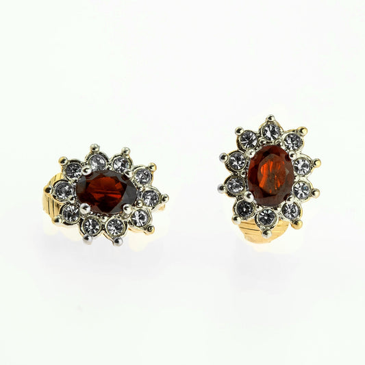 Vintage Genuine Garnet or Light Topaz Crystal Surrounded by Austrian Crystal Earrings 18k Yellow Gold Electroplated by PVD Vintage Jewelry