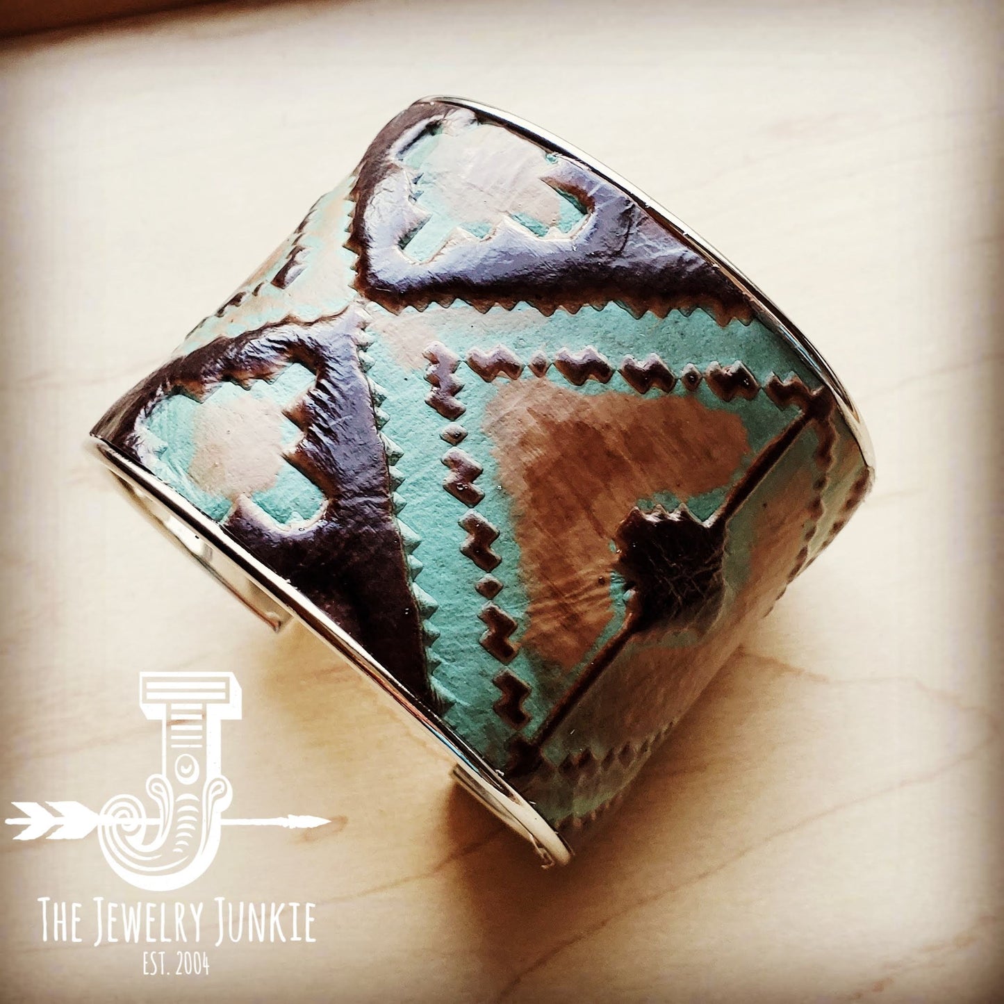 Wide Cuff Bangle Bracelet in Turquoise Navajo Leather 001m by The Jewelry Junkie