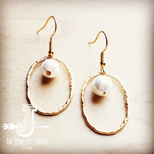 Matte Gold Hoop Earrings with Pearl Dangle 203s by The Jewelry Junkie