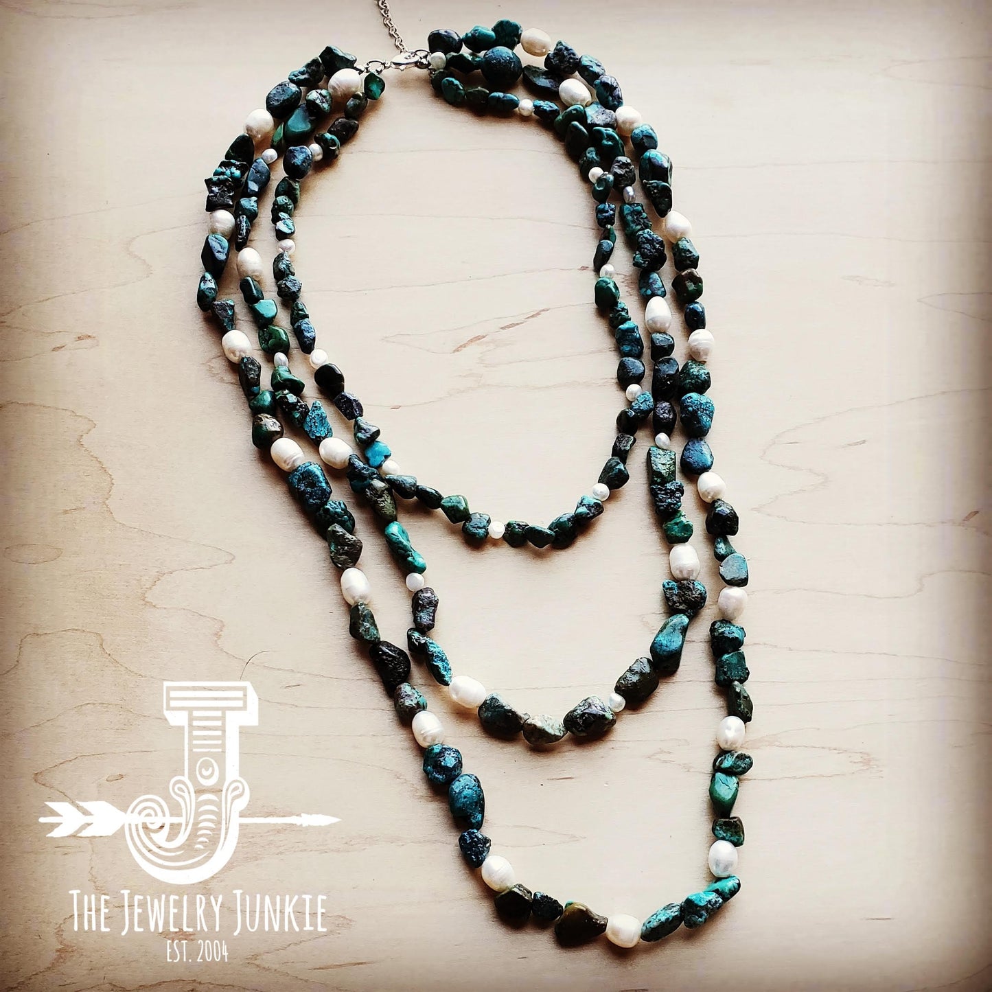 **Natural Turquoise and Freshwater Pearl Triple Strand Necklace 251w by The Jewelry Junkie
