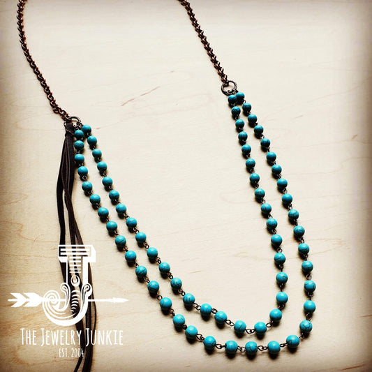 Double Strand Long Blue Turquoise Necklace w/ Leather Tassel 252d by The Jewelry Junkie