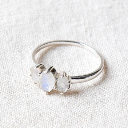 Rainbow Moonstone 3 Stone Silver Ring by Tiny Rituals
