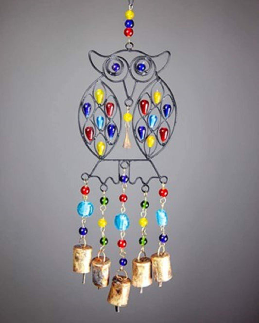Beaded Owl colored glass brass bells for wall hanging