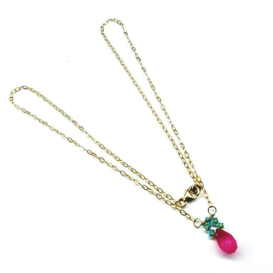 Pink Gemstone Drop and Turquoise Crystal 14 K Gold Filled Necklace by Alexa Martha Designs