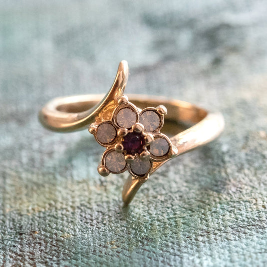 Vintage 1970's Amethyst Crystal and Genuine Pinfire Opal Ring 18kt Yellow Gold Electroplated Ring by PVD Vintage Jewelry