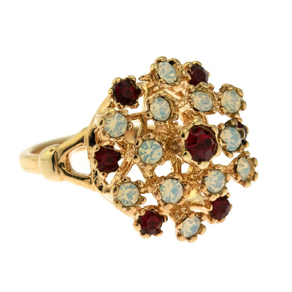 Vintage Ring Ruby Austrian Crystals and Pinfire Opals 18k White Gold Electroplate Made in the USA by PVD Vintage Jewelry