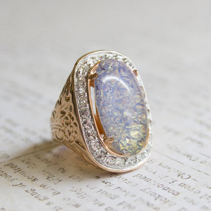 Vintage Large Harlequin Opal and Clear Austrian Crystals 18k Antique Yellow Gold Electroplated Cocktail Ring Made in USA by PVD Vintage Jewelry