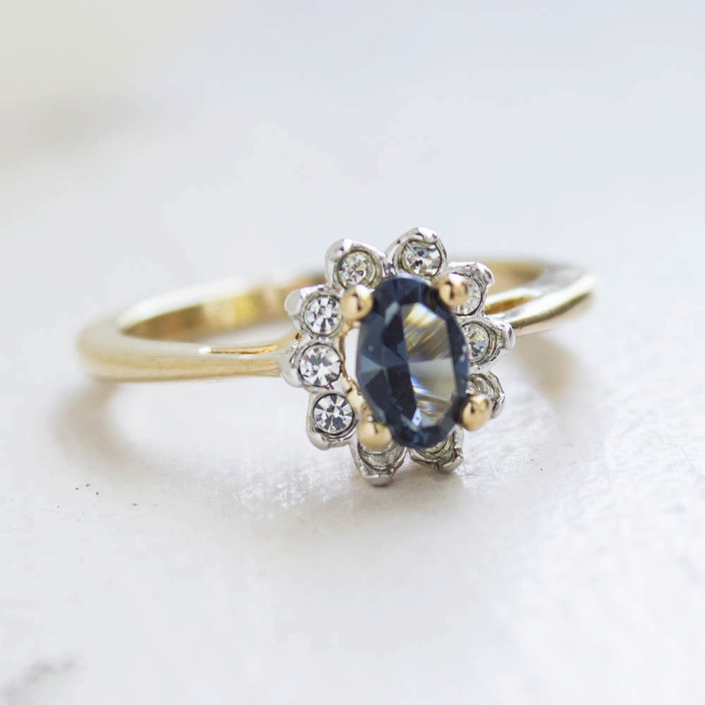 Vintage Sapphire Crystal Ring set with Clear Austrian Crystals on 18k Yellow Gold Electroplated by PVD Vintage Jewelry