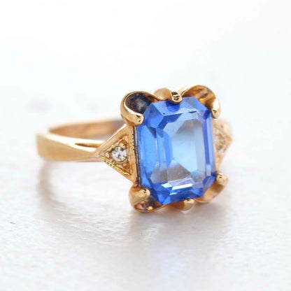 Vintage Ring Emerald Cut Blue Topaz Crystal 18kt Yellow Gold Eectroplated Ring December Birthstone by PVD Vintage Jewelry