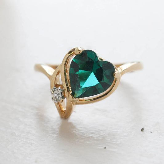 Vintage Jewelry Emerald Austrian Crystal Heart Ring 18k Yellow gold Electroplated Made in the USA by PVD Vintage Jewelry