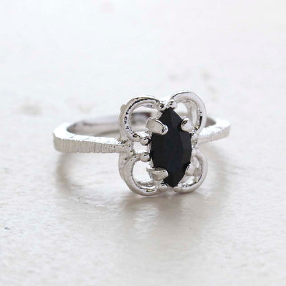 Vintage Jewelry Marquise Cut Jet Black Crystal Cocktail Ring in 18k White Gold Electroplate by PVD Vintage Jewelry