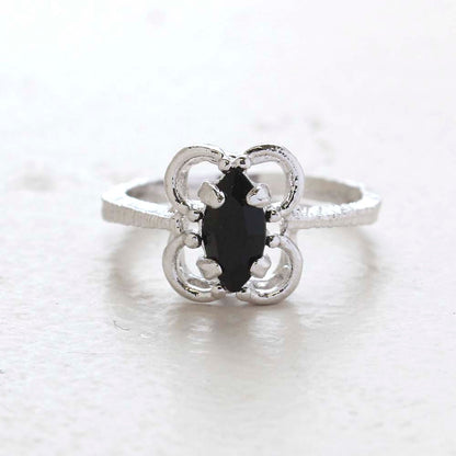 Vintage Jewelry Marquise Cut Jet Black Crystal Cocktail Ring in 18k White Gold Electroplate by PVD Vintage Jewelry