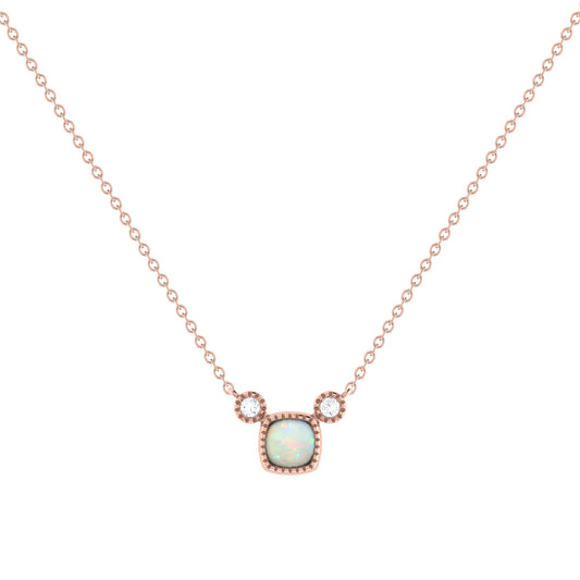 Cushion Cut Opal & Diamond Birthstone Necklace In 14K Rose Gold by LuvMyJewelry